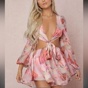 Lantern Sleeve Knot Cutout Waist Chiffon Romper